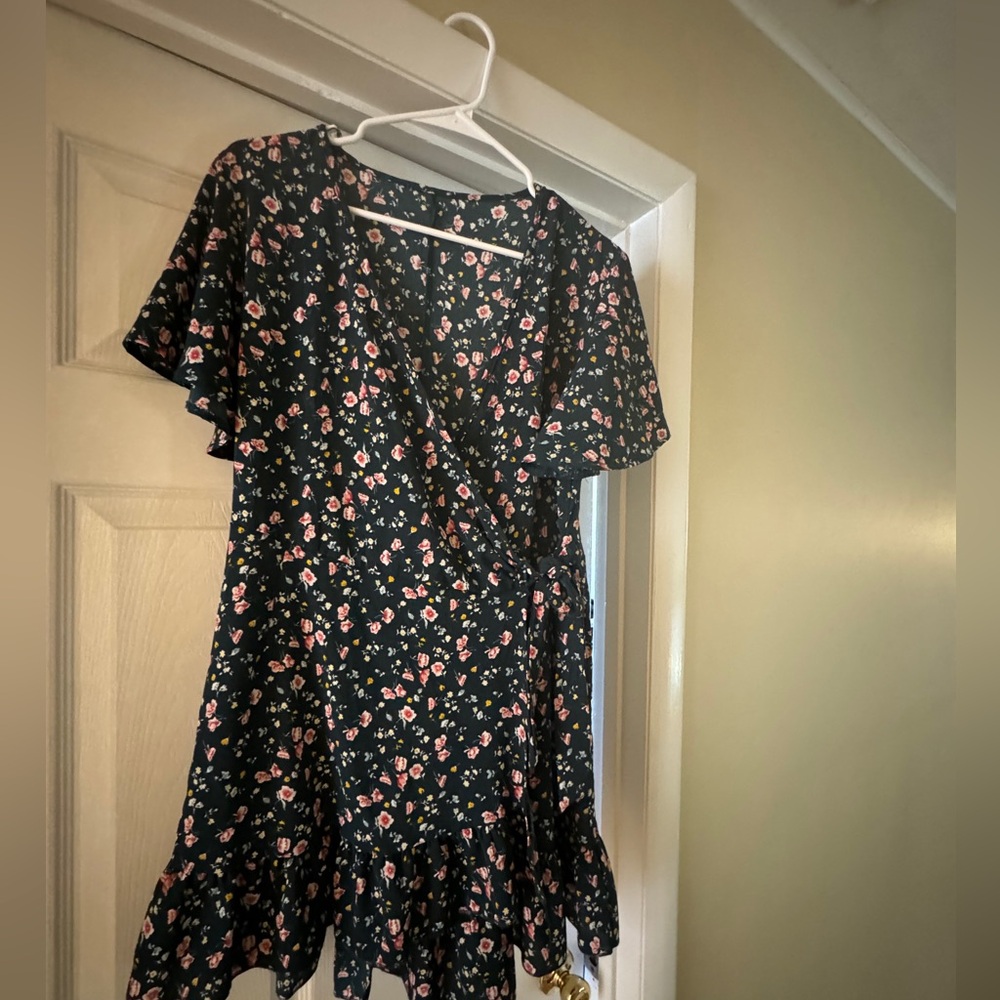 Floral forest green wrap mini dress